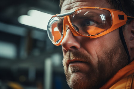 Focused worker man portrait technological industrial complex factory production line workers face safety measures eyewear manufacturing mechanical scientific close-up employee enthusiasm concentrationの素材