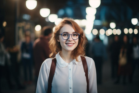 Portrait cheerful ginger satisfied smiling teen girl woman student looking camera blurred joyful crowd university school evening party. Carefree relaxation enjoying celebration summer event holidaysの素材