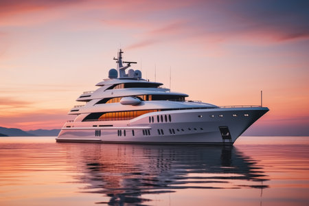 Luxurious yacht in open seas summer luxury boat private vessel business cruise holiday lifestyle sunset ocean expensive rent marine relaxation waves modern ship freedom nautical journey adventureの素材