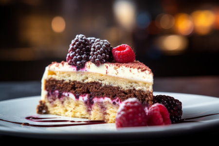 Delicious berry cake slice on plate beautiful tasty yummy dish sweet dessert cake dressing decorated party birthday surprise close-up food luxury gourmet restaurant banquet buffet rustic pie icingの素材
