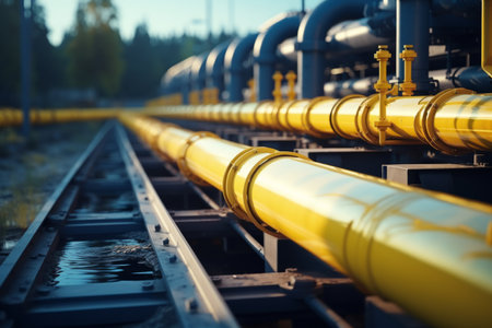 Close up steel pipes natural gas concrete supports supplying propane factory tanks valves. Production energy resources economy pipeline oil industry drainage system water transport business gasolineの素材