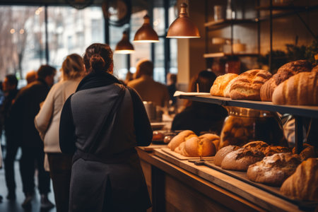 Small cozy cafe coffee shop bakery completing order business interior sunny morning light barista offers cheap hot tasty cocoa latte cappuccino americano espresso baguette bread bun donuts croissantsの素材