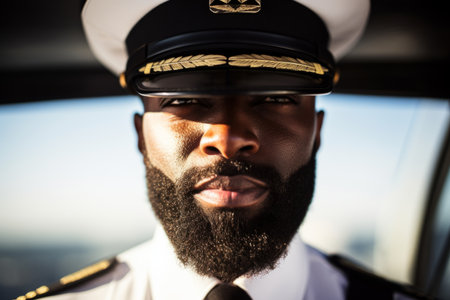 Close up portrait serious confident African American mature man male guy captain marine cruise cargo ship yacht hat uniform bridge indoors. Navy merchant officer sailor army navigation transportationの素材