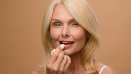 Mature middle-aged elderly woman model makeup hygienic lipstick applying moisturizing lip balsam natural beauty face skin care anti-aging cosmetic flirty senior lady smiling on beige studio backgroundの写真素材