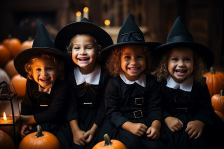 Portrait group joyful funny toddler kids little cute children boys girls friends dresses crazy witch spooky costumes posing. Happy Halloween party pumpkins trick treat night indoors holiday greetingの素材
