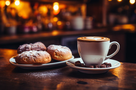 Cozy cafe cup hot tasty coffee beans drinking cocoa cappuccino americano espresso latte art aroma sweet pleasure caramel vanilla baking cookies dessert foam cream shop bun heart shape rest baristaの素材