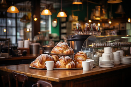 Small cozy cafe coffee shop bakery completing order business interior sunny morning light barista offers cheap hot tasty cocoa latte cappuccino americano espresso baguette bread bun donuts croissantsの素材