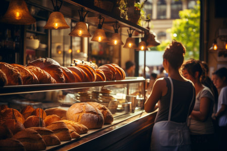 Small cozy cafe coffee shop bakery completing order business interior sunny morning light barista offers cheap hot tasty cocoa latte cappuccino americano espresso baguette bread bun donuts croissantsの素材
