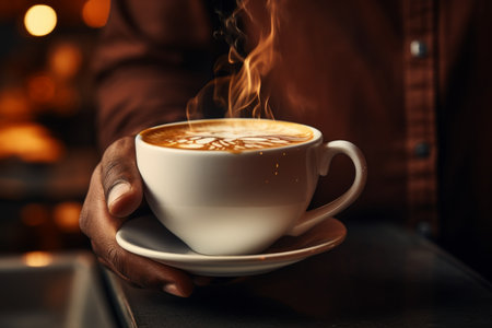 Man hand hold cup hot coffee beans cozy cafe evening relaxation calm tasty drink cocoa latte cappuccino americano espresso barista happy shop beautiful foam aroma milk chocolate caramel sweet pleasureの素材