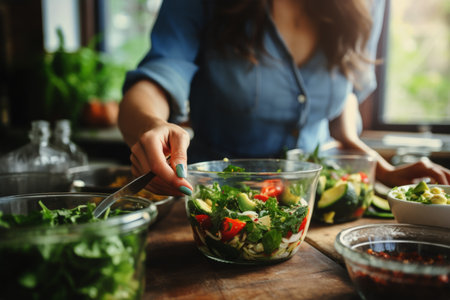 Home cook woman hands cooking salad lunch dressing preparing tasty fresh delicious mouthwatering gourmet dish food plate kitchen details artwork professional skill eating recipe ingredient nourishmentの素材