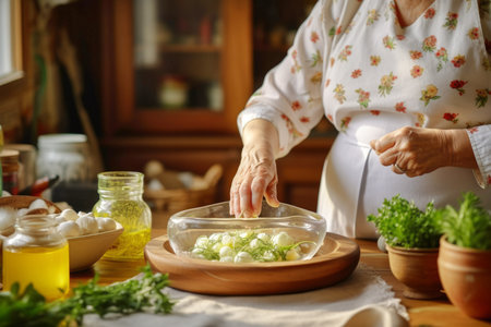 Home cook woman hands cooking lunch dressing preparing tasty fresh delicious mouthwatering gourmet dish food on plate kitchen detailed artwork professional skill eating recipe ingredient nourishmentの素材
