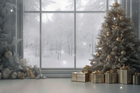 Amazing modern Christmas tree presents gifts boxes near large window snowing. Holidays New year Xmas eve winter cozy home decorated house stylish living room design festive event interior space textの素材