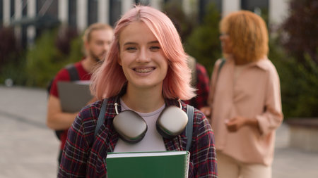 Informal student girl smiling schoolgirl female woman with pink hair smile invite welcome gesture...