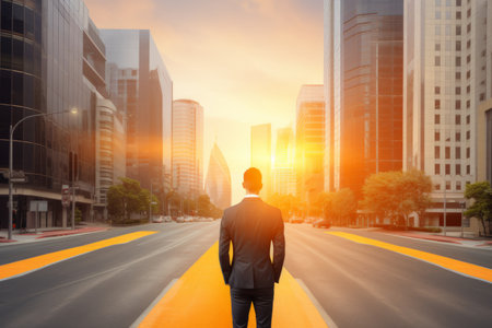 Back view confident businessman standing modern city crossroad sunset sunrise future urban career success business startup investor finance fear choice entrepreneur CEO real estate retiree man agentの素材