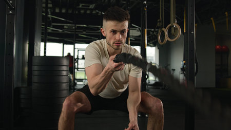 Muscular strong athlete sportsman Caucasian man workout in fitness gym intense functional exercise...