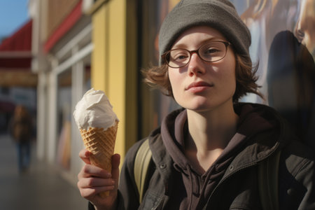 Happy Caucasian teen girl young European teenage student schoolgirl woman female lady holding ice cream eating vanilla cone outdoors in city enjoy sweets looking at camera holiday eat tasty snacksの素材