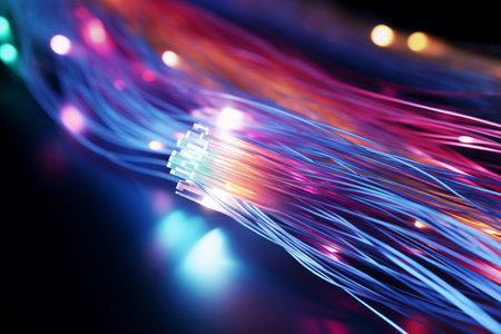 Colorful optic fiber electrical cables wires neon waves lines abstract 3d ai design background pattern glow colored streams information optical connection internet web multicolor data led technologyの素材
