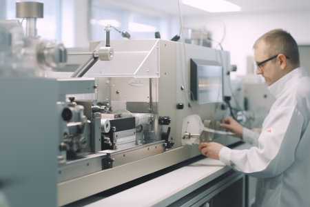 European scientist on high tech factory assembly line smartphone manufacturing electronics factory microchip production engineering mechanics technicians industrial warehouse technology labor workersの素材