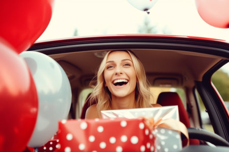 European happy woman with red balloons blonde girl smiling in car holiday vacation birthday congratulations enjoy fun weekend celebration model excited lady anniversary festive gift surprise cheeringの素材