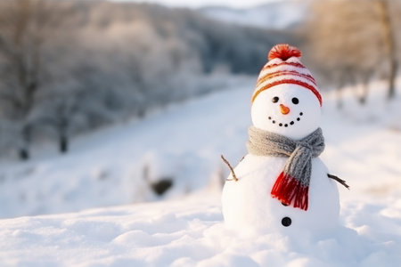 Christmas winter smiling happy snowman frosty snow new year celebration holiday cute decoration greeting december eve face funny white snowball with scarf hat carrot xmas festivity shiny flakes smileの素材