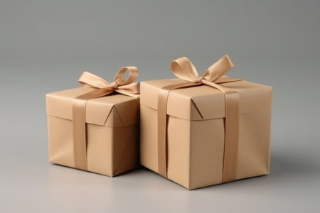 Luxury craft paper packaging handmade stylish gifts boxes Christmas New Year Xmas presents surprise gold ribbon decoration celebration tradition holiday birthday anniversary sale background copy spaceの素材