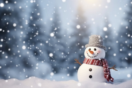 Christmas winter smiling happy snowman frosty snow new year celebration holiday cute decoration greeting december eve face funny white snowball with scarf hat carrot xmas festivity shiny flakes smileの素材