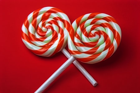 Two colorful Christmas peppermint stick lollipops sweets candy spiral shape dessert isolated on flat red backgrounds. Holidays New Year Xmas festive event treat kids celebrations banner space for textの素材