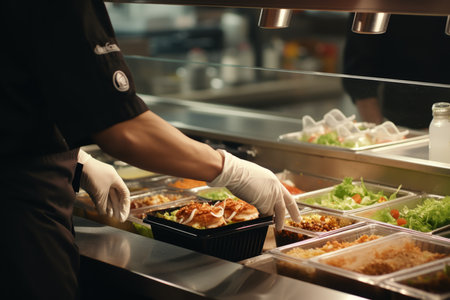 Fast food order preparation chef burgers cooking meat steak meal restaurant indoor service employees working hamburger cheeseburger lunch meat buns bread frying cafeteria cafe oven american close-upの素材