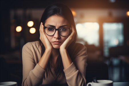 Close up portrait depressed frustrated sad European businesswoman lady female woman glasses pensive face holding head hands unhappy tired worker exhausted entrepreneur manager indoor cafe restaurantの素材