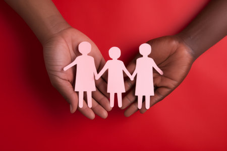 Hand holding paper figures happy family bond concept children health insurance together parents care for child protection safety security community partners silhouette love symbol help cooperationの素材