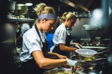 Master chef cook woman hands precisely cooking dressing preparing tasty fresh delicious mouthwatering gourmet dish food on plate customers 5-star michelin restaurant kitchen close-up detailed artworkの素材