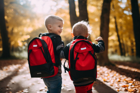 First day elementary school two little kids schoolchildren pupils students together going college class lesson study learn red backpacks back view. New academic semester year start primary educationの素材
