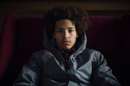 Portrait tired stressed exhausted teen African American ethnic thoughtful sad man male guy sitting couch sofa looking at camera feeling anxious youth problems depression frustrated indoors living roomの素材