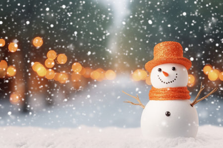 Christmas winter smiling happy snowman frosty snow new year celebration holiday cute decoration greeting december eve face funny white snowball with scarf hat carrot xmas festivity shiny flakes smileの素材