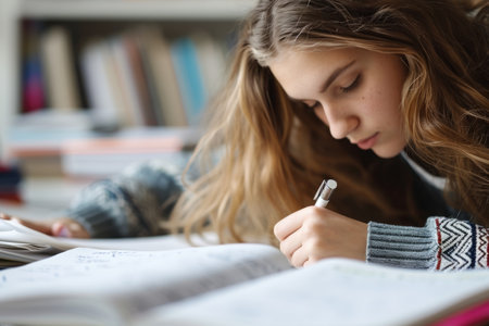 Close up tired bored depressed teenager gen z Caucasian girl female woman student schoolgirl doing homework writing lesson lecture notebook learning problem indoors college school university libraryの素材