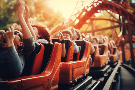 Stunned enthusiastic happy funny shocked amazed woman wonder man screaming yelling people scared afraid girl scream shout yell joyful riding rollercoaster amusement park amazing attraction fun holidayの素材