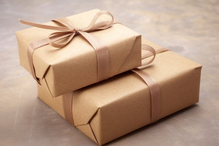 Luxury craft paper packaging handmade stylish gifts boxes Christmas New Year Xmas presents surprise gold ribbon decoration celebration tradition holiday birthday anniversary sale background copy spaceの素材