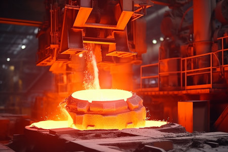 Molten iron making steel factory industrial furnace liquid metal melting fire manufacturing spark heavy industry red hot bright heat flame production facility hangar metallurgy material engineeringの素材