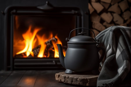 Tray with kettle hot drink tea coffee beverage fireplace at home inside warmth atmosphere cozy comfortable interior relaxation evening rest apartment satisfaction house lounge enjoyment soft blanketの素材