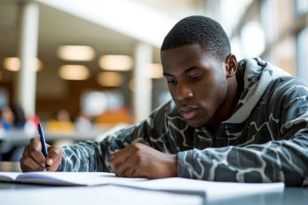 Concentrated focused clever teenage African American ethnic male man guy university student pupil preparing studying exam test homework taking notes pen indoor classroom. Education high school collegeの素材