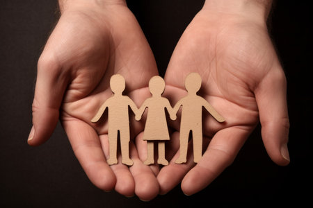 Hand holding paper figures happy family bond concept children health insurance together parents care for child protection safety security community partners silhouette love symbol help cooperationの素材