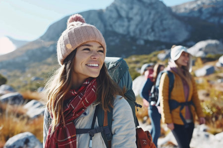 Friends on hiking route traveling together fun activity mountains nature sports healthy lifestyle summer travel carrying backpack friendship group walk weekend leisure holiday carefree hikers touristsの素材