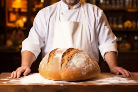 Experienced baker holding dark warm bread bakery fresh homemade wheat cake professional man kitchen work rustic business cafe coffee shop store owner tasty baked goods flour grain secret ingredientの素材