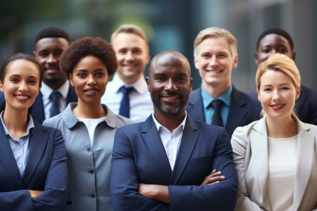 Diverse team posing in front of office building company advertising ad marketing hr employees teamwork job done success women men businessmen managers smiling friends group happy confident coworkersの素材