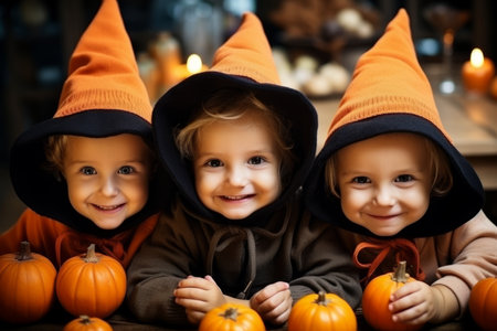 Portrait group joyful funny toddler kids little cute children boys girls friends dresses crazy witch spooky costumes posing. Happy Halloween party pumpkins trick treat night indoors holiday greetingの素材
