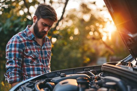 Disappointed frustrated nervous Caucasian bearded male man guy looks under hood open inspects broken damaged car broke down engine problem troubles road traveling outside sunlight sunset nature forestの素材