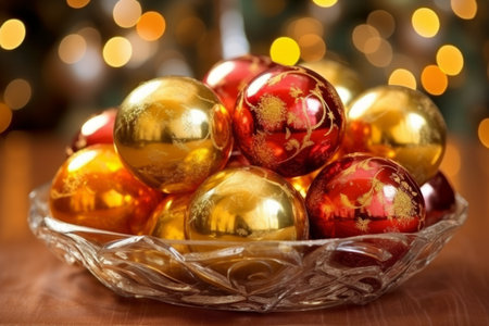 Xmas holidays many colorful shiny different diverse Christmas round red gold balls toys in bowl collection New Year eve invitation card. Festive decorations party advent celebration blurred backgroundの素材