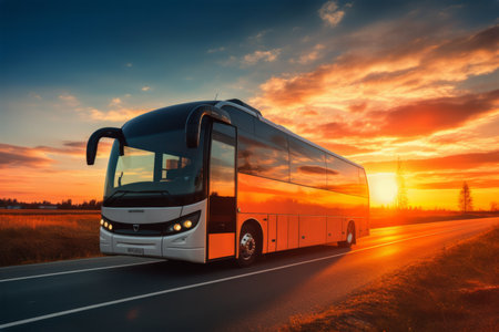 Touristic coach bus on highway road intercity regional domestic transportation driving urban modern tour traveling travel journey ride moving transport concept public comfortable passengers shuttleの素材