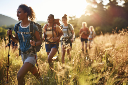 Friends on hiking route traveling together fun activity mountains nature sports healthy lifestyle summer travel carrying backpack friendship group walk weekend leisure holiday carefree hikers touristsの素材