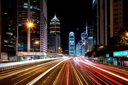Night city traffic blurred cars long exposure lights evening highway lane movement fast transit car motion auto illuminated vehicle transportation street high speed light trails abstract backgroundの素材